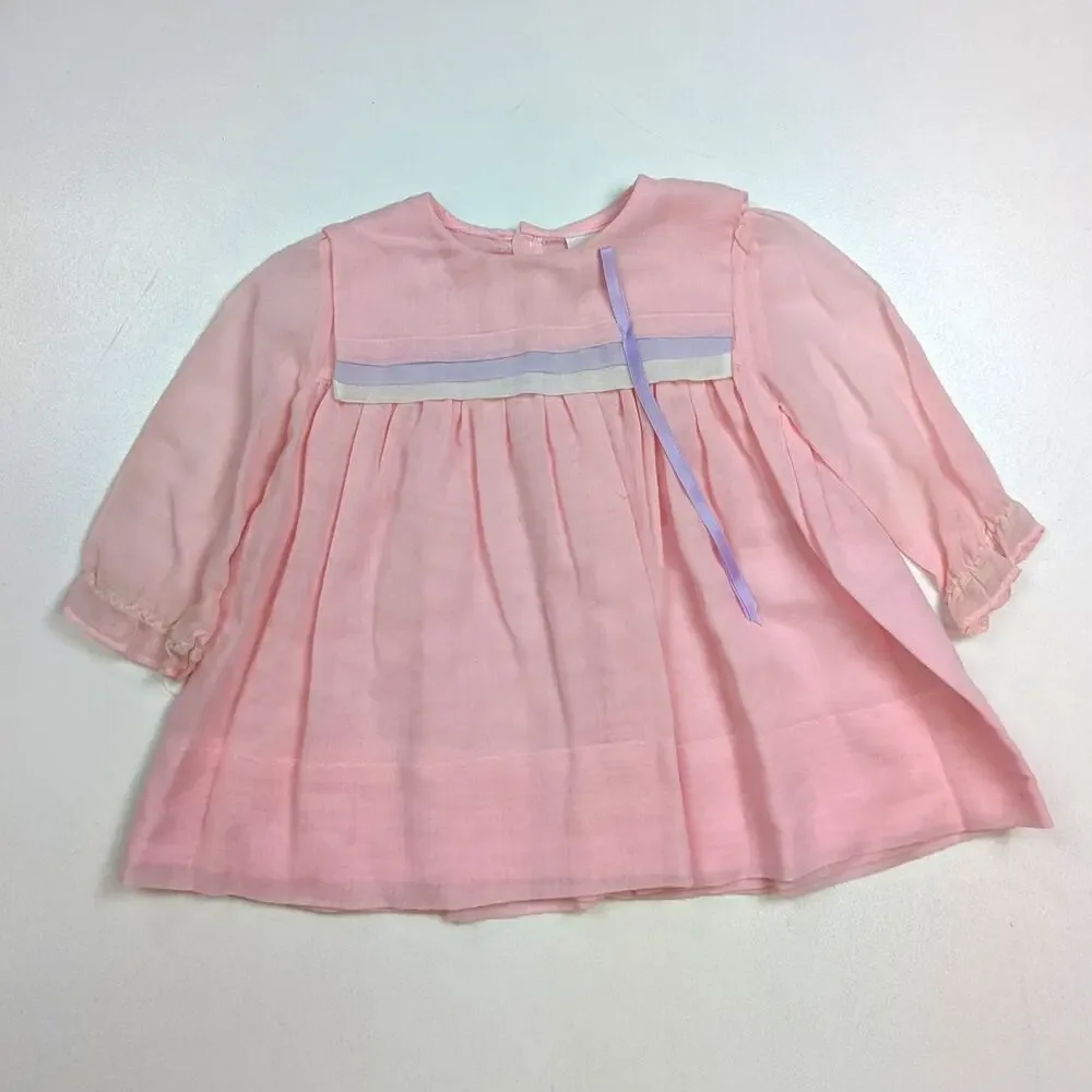 Vintage Nannette Dress Baby Girls Sz 12m Pink 80s Long Sleeve Classic